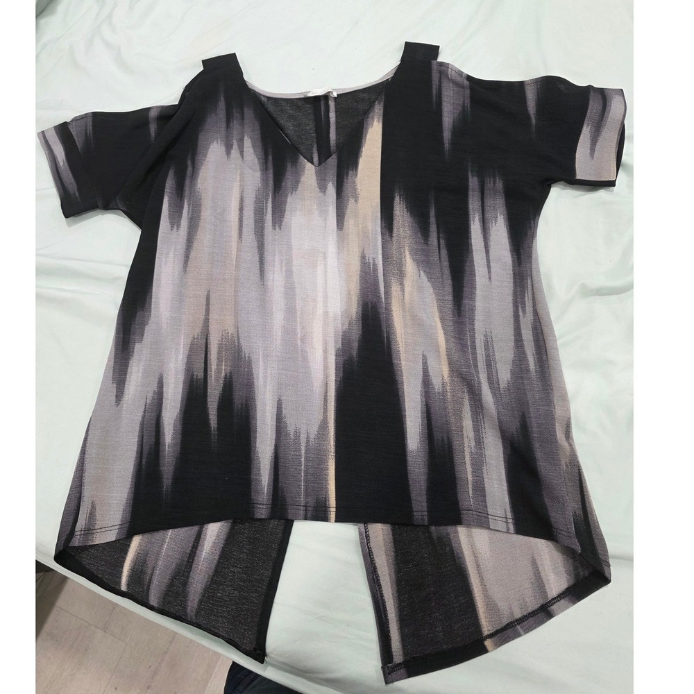 Women Black Grey Abstract Ikat Cold Shoulder Split Back Top Size m